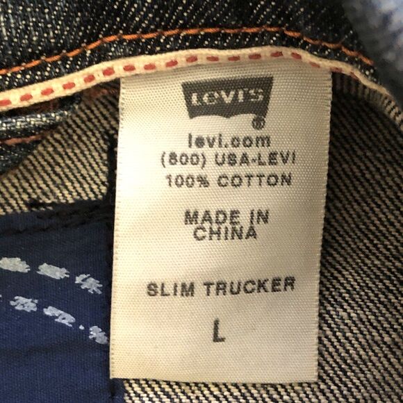 Levis Slim Trucker Jean Jacket Size L Y2k Red Tab Distressed Dark Wash Denim - Picture 13 of 14